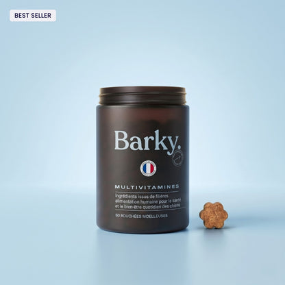 Pot de Barky Daily, complément multivitaminé pour chien fabriqué en France, et une bouchée moelleuse — 60 bouchées par pot.
