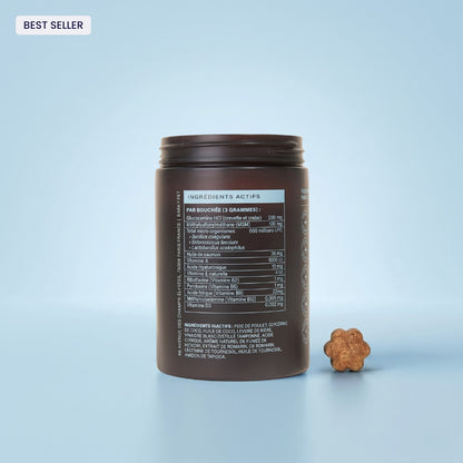 Étiquette des ingrédients actifs de Barky Daily : glucosamine, MSM, probiotiques, huile de saumon et vitamines.