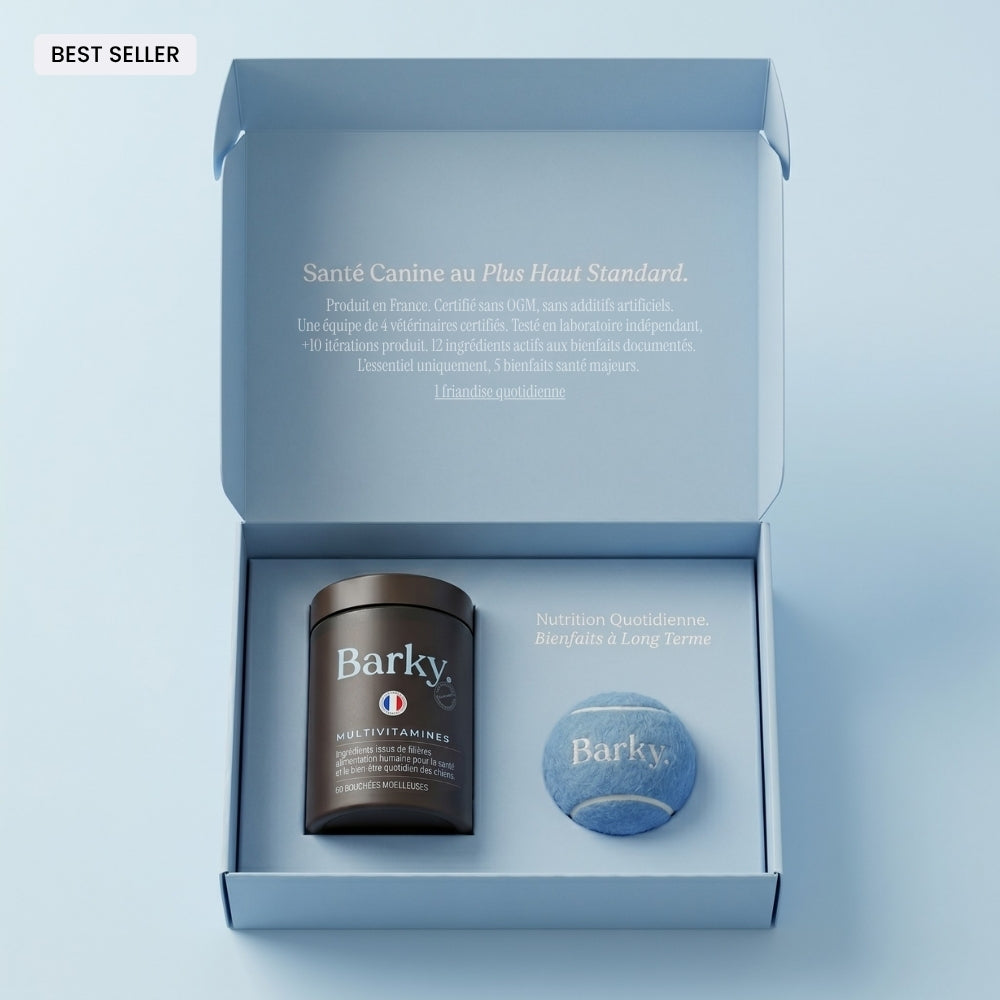 Coffret Barky Daily : pot de multivitamines pour chien fabriqué en France et balle de tennis Barky offerte.